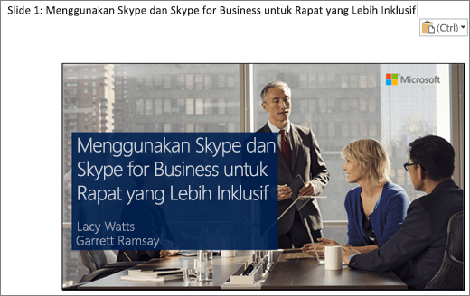Klip layar dokumen Word baru memperlihatkan slide 1 dengan judul slide, Slide yang diperlihatkan dalam gambar berisi judul slide, nama penyaji, dan gambar latar belakang pebisnis di sekitar tabel konferensi.