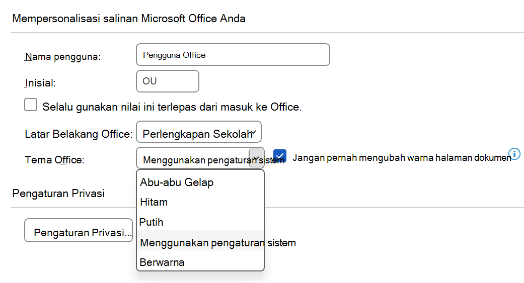 Pilihan turun bawah untuk Tema Office diperluas dalam dialog Opsi.