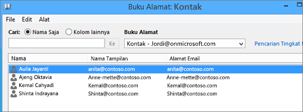 Saat kontak Anda diimpor dari Google Gmail ke Office 365, Anda akan melihatnya tercantum dalam Buku Alamat: Kontak