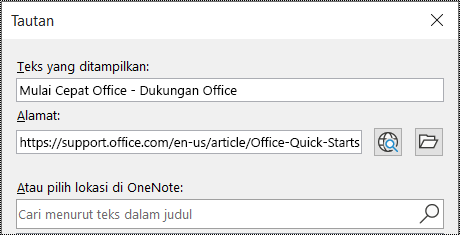 Cuplikan layar dialog tautan di OneNote. Berisi dua bidang yang dapat diisi: Teks untuk menampilkan dan Alamat.