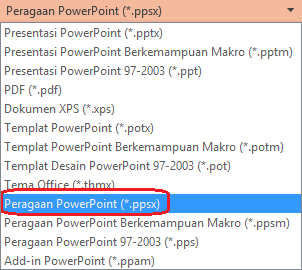 Daftar tipe file di PowerPoint menyertakan "Peragaan PowerPoint (.ppsx)".