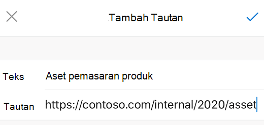 Kotak dialog Tambahkan Tautan di Outlook untuk iOS.