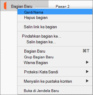 Menu konteks bagian dengan bagian Ganti Nama disorot.