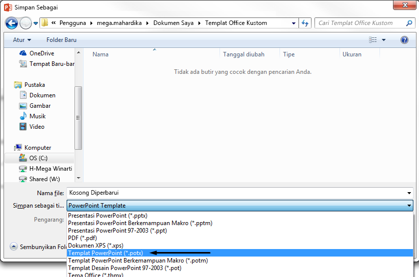 Dalam kotak "Simpan sebagai tipe", pilih Templat PowerPoint.