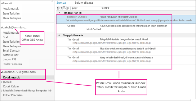 Setelah Anda menambahkan akun gmail, Anda akan melihat dua akun di Outlook