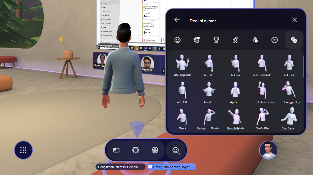 Gambar menampilkan ruang virtual dengan seseorang berinteraksi dengan menu avatar di sisi kanan layar, yang mencantumkan 16 tindakan avatar yang berbeda.