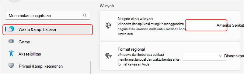 Pengaturan kawasan di perangkat Windows.