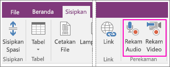 Cuplikan layar menu Sisipkan dengan tombol AV di OneNote 2016.