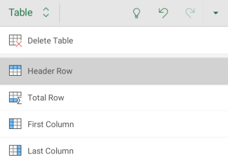 Opsi baris header dipilih untuk tabel di Excel untuk Android.