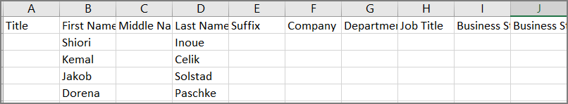 Contoh tampilan file csv setelah kontak diekspor dari Outlook