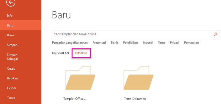 Pada halaman File Baru, pilih Kustom untuk mengakses templat yang Anda buat.