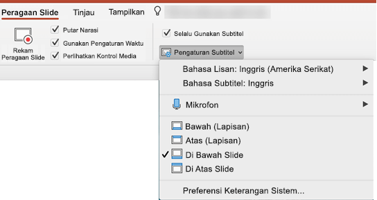 Pengaturan untuk Keterangan dan Subjudul berada di tab Peragaan Slide di PowerPoint.