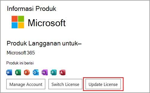 Menemukan tombol Lisensi Pembaruan di Microsoft Word di Windows.