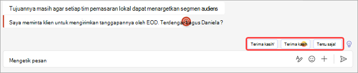 Cuplikan layar memperlihatkan saran balasan dalam obrolan