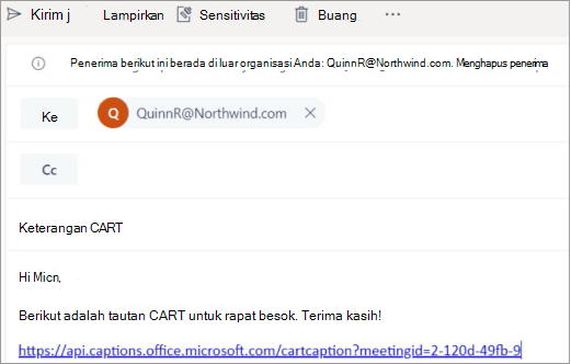 Contoh email yang memperlihatkan cara mengirim tautan keterangan CART ke keterangan CART profesional.