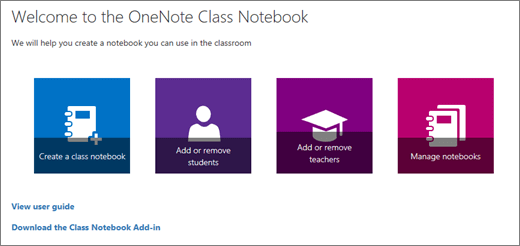 OneNote Class Notebook panduan dengan ikon untuk membuat buku catatan kelas, tambahkan atau Hapus siswa, guru Tambahkan atau Hapus, dan mengelola buku catatan.