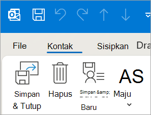 Cuplikan layar memperlihatkan Simpan dan tutup untuk kontak di Outlook klasik