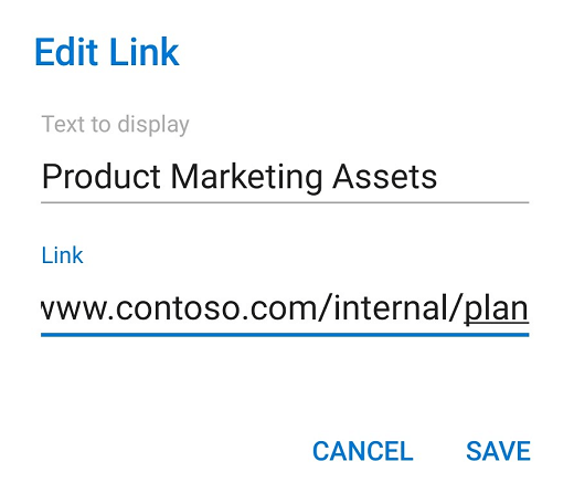 Kotak dialog edit tautan Outlook untuk Android.