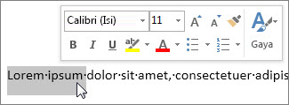 Toolbar Mini dengan teks yang dipilih