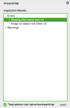 Panel Pemeriksa Aksesibilitas di Word untuk Mac memperlihatkan daftar temuan.