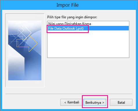 Memilih untuk mengimpor File Data Outlook (.pst)