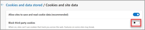 Pengaturan "Blokir cookie pihak ketiga" di Microsoft Edge