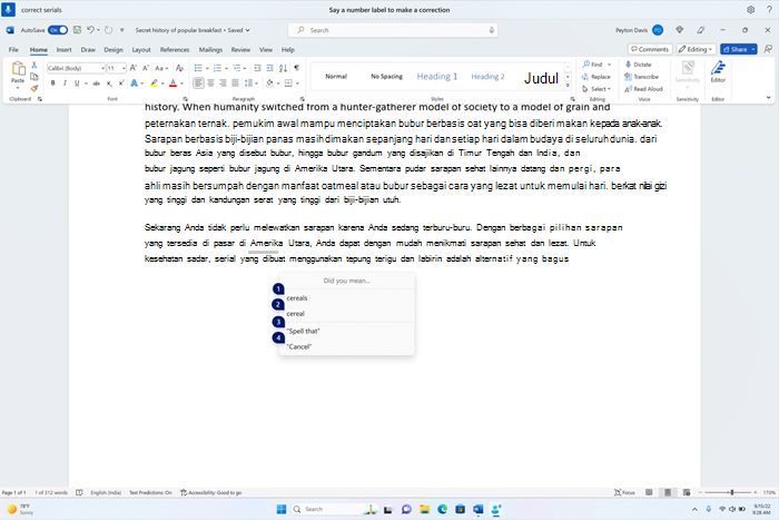 Dokumen word memperlihatkan jendela koreksi dengan kandidat untuk teks "sereal".