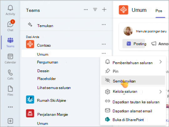 Sembunyikan saluran umum di tim Anda.