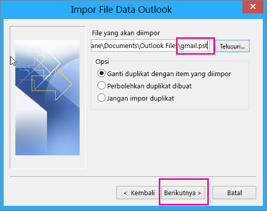 Pilih file pst yang Anda buat sehingga Anda bisa mengimpornya.