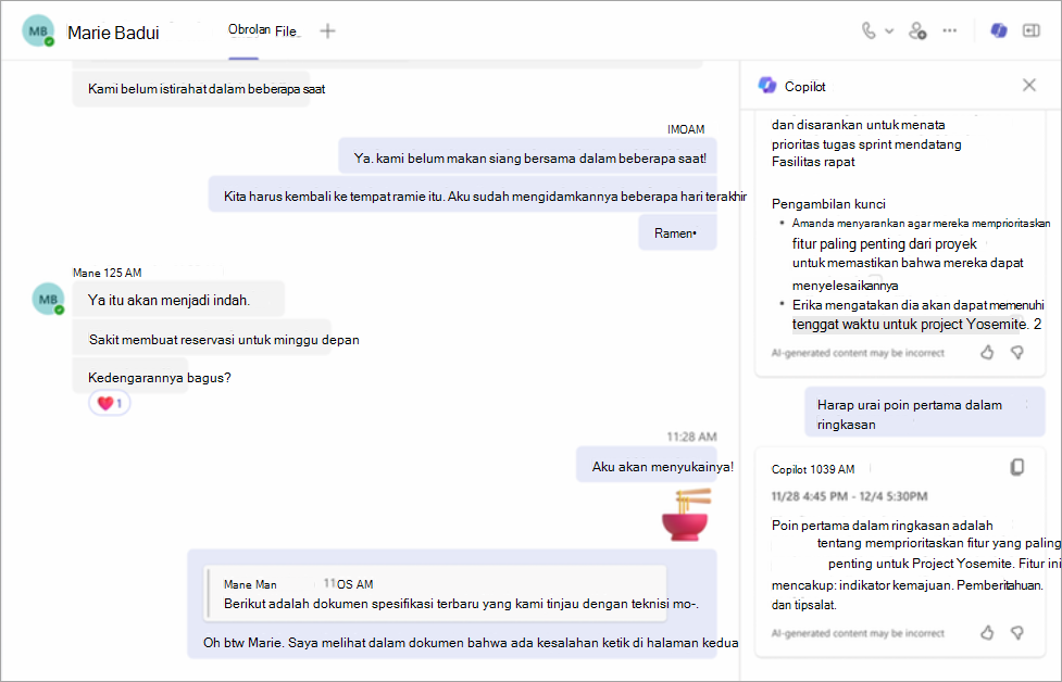 Lanjutkan percakapan dengan Copilot di obrolan Teams.