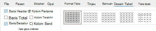 Opsi header tabel dipilih pada pita di Outlook.