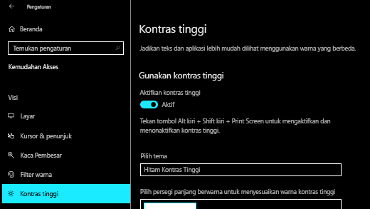 Aktifkan kontras tinggi di Windows 10 Pengaturan pengguna.