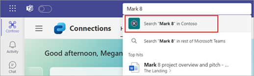 Gambar yang memperlihatkan lingkup pencarian yang sedang digunakan dalam kotak pencarian Teams saat mengakses Viva Connections.