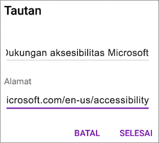 Dialog Tambahkan hyperlink di OneNote untuk Android