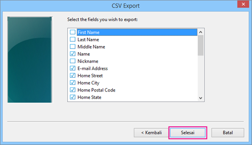 Pilih bidang yang ingin Anda ekspor ke file csv dan pilih Selesai.