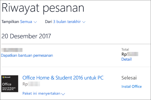 Memperlihatkan halaman Riwayat Pesanan di Microsoft Store