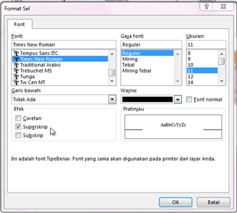 Kotak dialog format dengan superskrip dipilih.