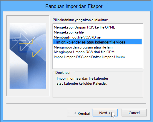 Pilih Impor file iCalendar atau vCalendar.