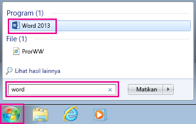 Mencari aplikasi Office di Windows 7