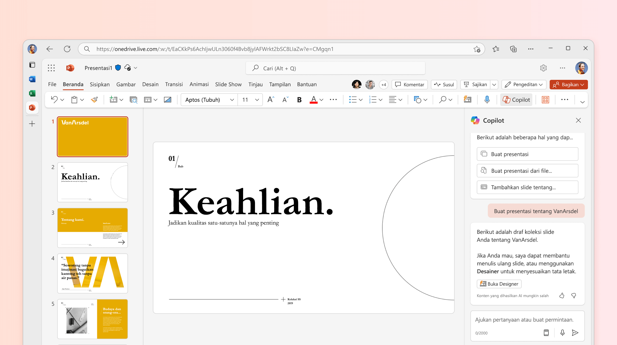 Cuplikan layar memperlihatkan Copilot di PowerPoint yang membuat presentasi baru.