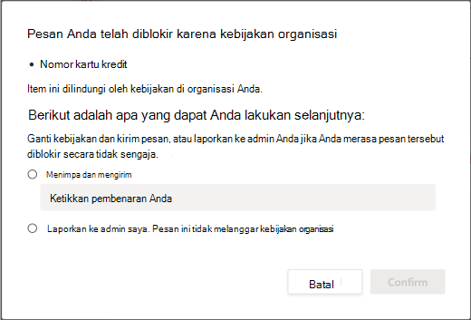 Mengesampingkan opsi untuk kebijakan pencegahan kehilangan data organisasi