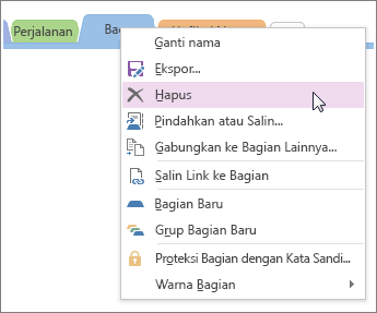 Cuplikan layar tentang cara menghapus bagian di OneNote 2016.