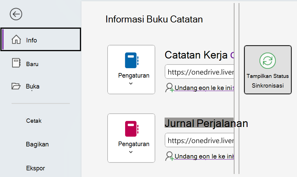 Menampilkan status sinkronisasi untuk OneNote di Windows.