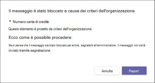 Finestra di dialogo che spiega perché un messaggio è stato bloccato e non può essere ignorato