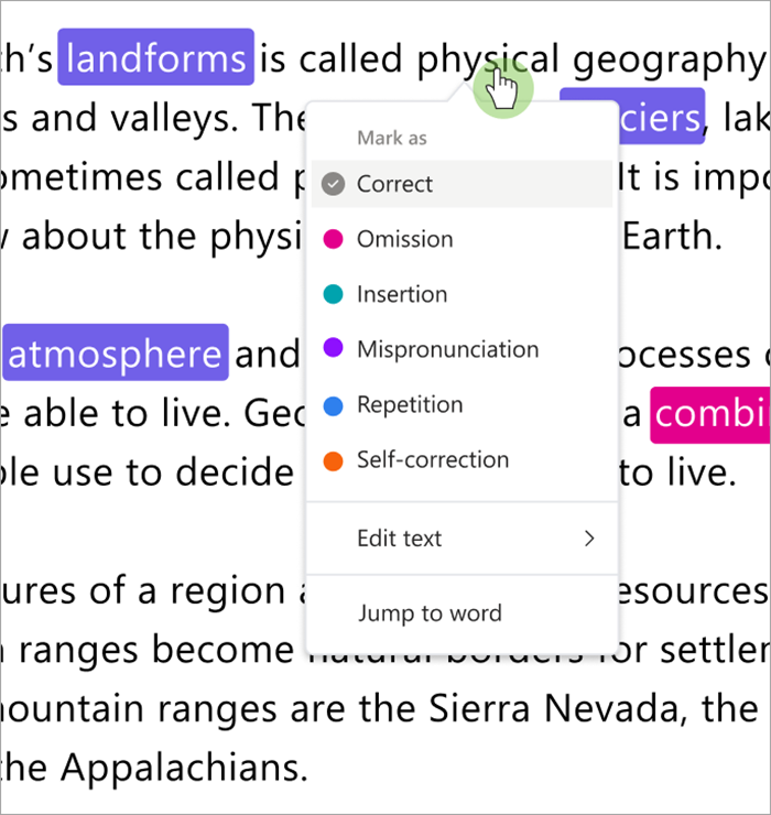 Schermata del menu a discesa che categorizza gli errori, è possibile contrassegnare gli errori come corretti, omissione, inserimento, pronuncia errata, ripetizione o autocorrezione.