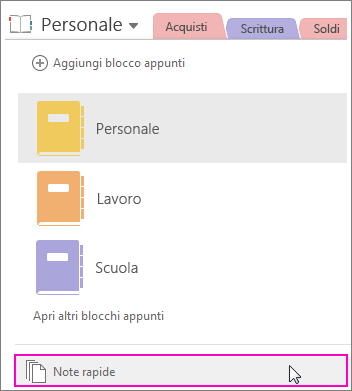 Screenshot del riquadro Blocchi appunti di OneNote 2016 con l'opzione Note rapide evidenziata