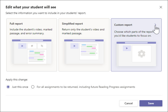 Vengono visualizzate due opzioni per i report per gli studenti, il report completo include dettagli numerici specifici sulle prestazioni dello studente, il report semplificato mostra solo le parole nel testo che lo studente ha perso.