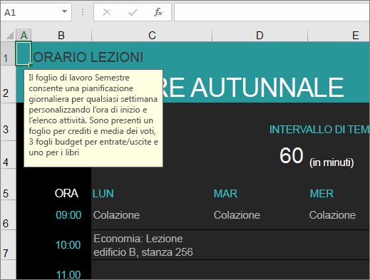 Nuova versione del modello di Excel Gestione corsi universitari con descrizioni degli elementi.