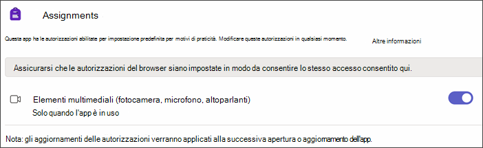 Screenshot delle impostazioni di Teams dopo aver selezionato Autorizzazioni app. viene visualizzata un'impostazione denominata Elementi multimediali con l'interruttore attivato.