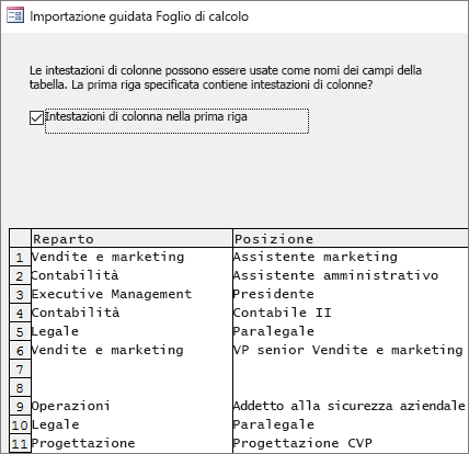 Importazione di dati da Excel